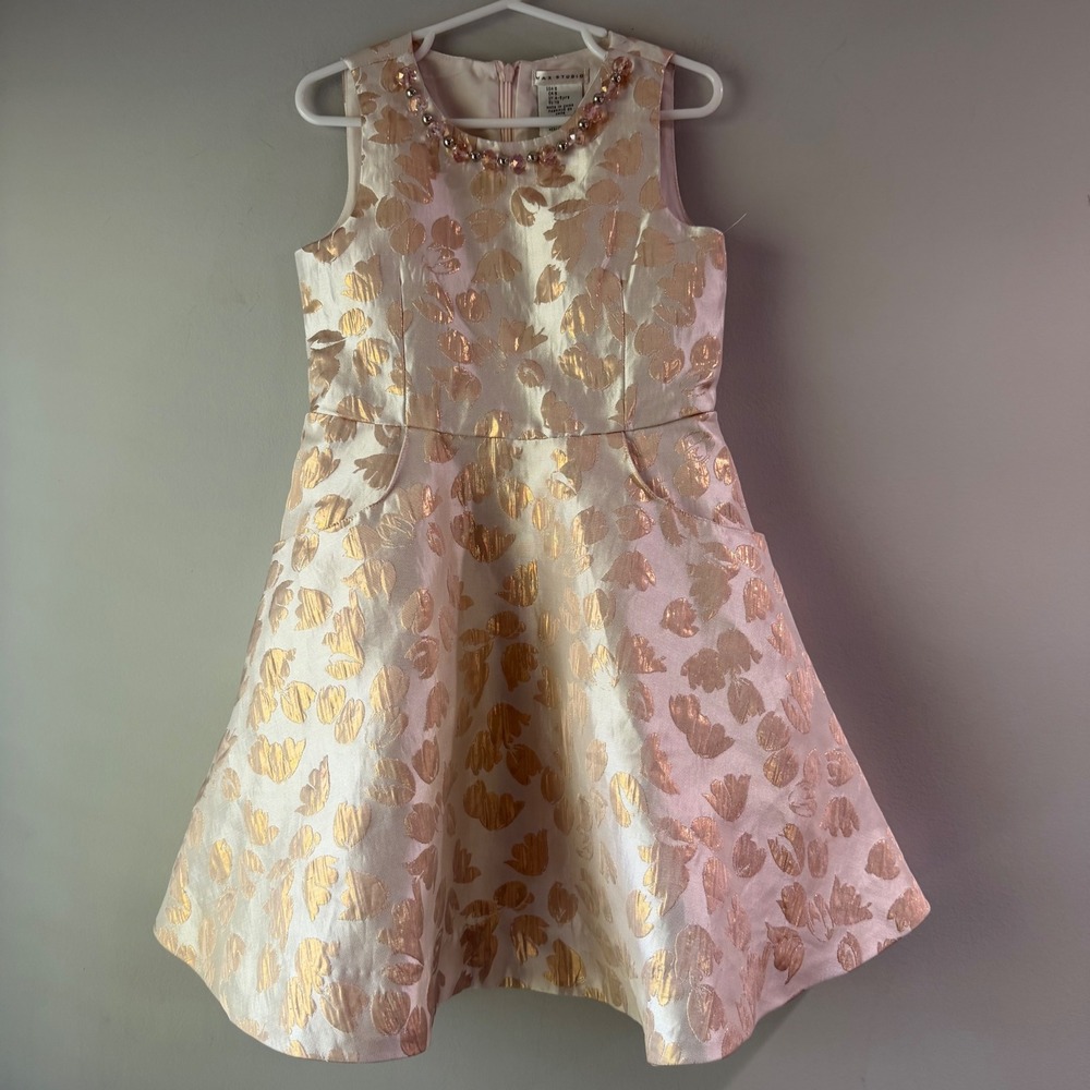 Max Studio Dress Girls Size 5 Pink Gold Excellent Embellished Floral‎ Jacquard
